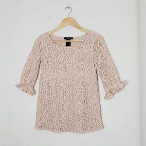 Style & Co Petite Women's Old Rose Scoop Neck ¾ Length Sleeves Floral Lace Top